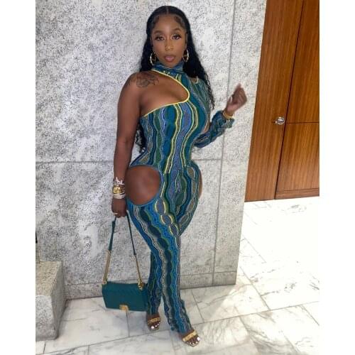 Echoine Hollow Out Romper Womens Jumpsuit print Hole Skinny Slim Streetwear 2021 Sexy Strapless One Piece party Clubwear Outfits