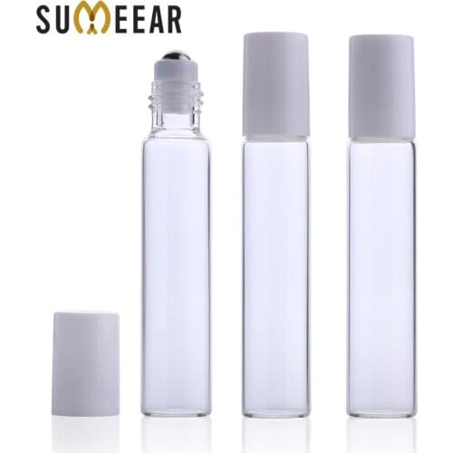 100 Pcs/Pack 10ml Transparent Thin Glass Roll on Bottle Sample Test Essential Oil Vials with Roller Metal /Glass Ball