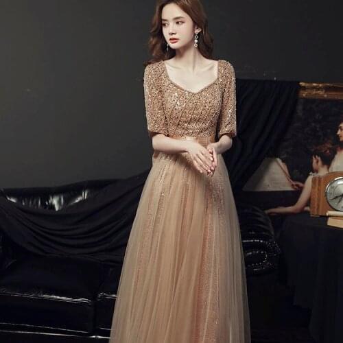 2021 Champange A Line Half Sleeves Bridesmaid Dresses Scoop Crystal Beads Long Bridesmaid Dress Plus Size for Women Wedding