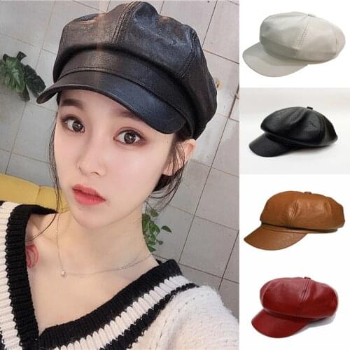 New style retro ladies ladies autumn winter beret hats PU leather British style flat top octagonal hat adjustable female hats