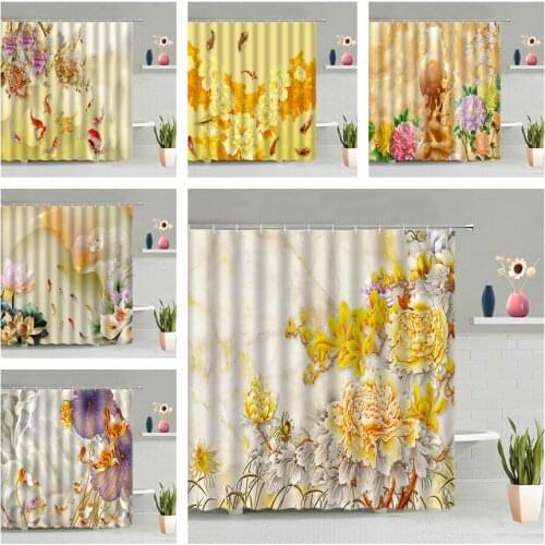Flower Goldfish Pond Shower Curtain Marbling Geometry Lotus Plant Scenery Waterproof Hanging Curtains Bathroom Screen Decor Set