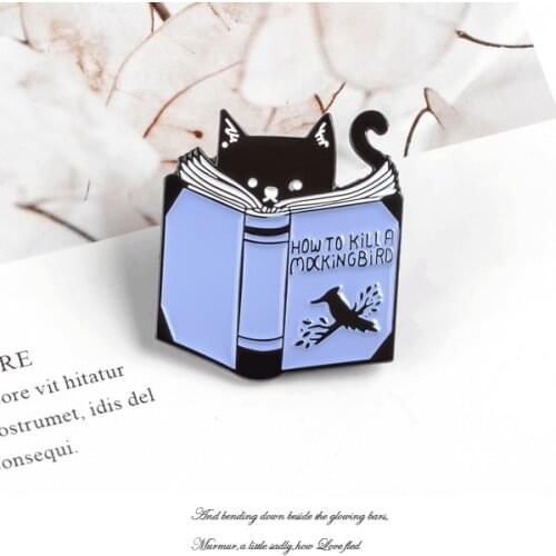 Gothic Black Cat Reading "How To Kill A Mocking Bird " Famous Novels Pins Jewelry Backpack Bag Chic Clothing Accessories