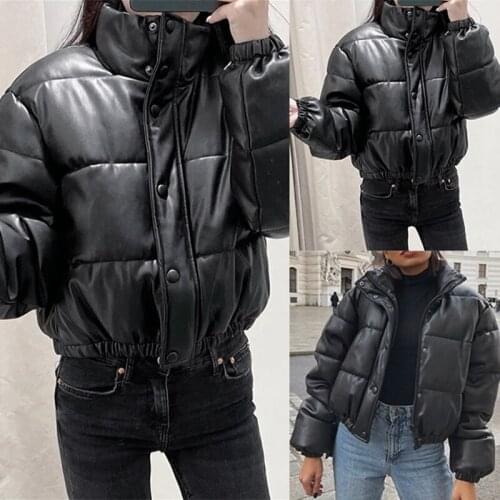 Kili Winter Thick Warm Short Parkas Women Fashion Black PU Leather Coats Women Elegant Zipper Jackets Female Ladies