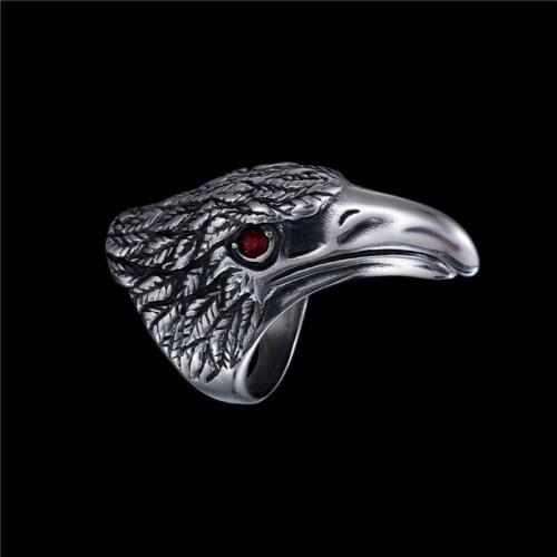 DarkMag Big MENs STAINLESS Steel Red eye Heavy Metal Eagle Head Ring Animal jewerly