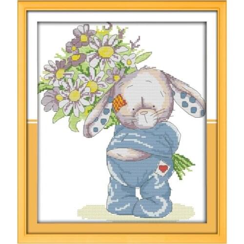 Rabbit present a bouquet (1) cross stitch kit 14ct 11ct count print canvas stitching embroidery DIY handmade needlework