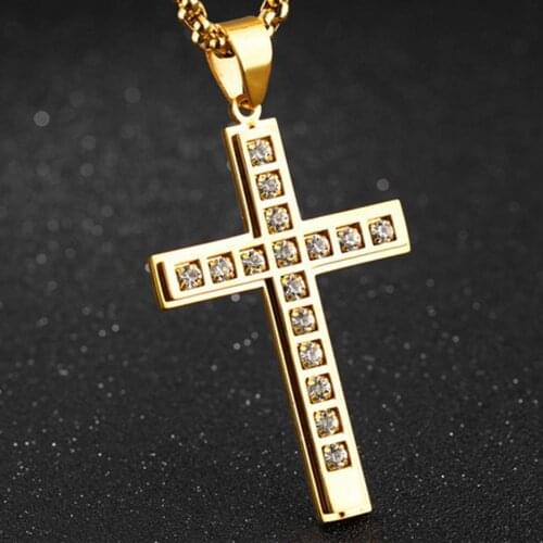 Fashion Jewelry 316L Stainless Steel Gold Cross Crucifix Shiny Crystal Pendant Necklace Mens Womens Box Chain Punk Xmas Gift 24"
