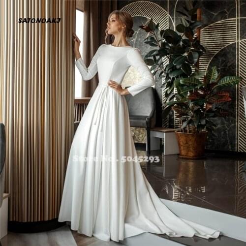 Muslim Wedding Dresses Simple Bridal Gowns Long Sleeve Lace Appliques Button O-Neck A-Line Vestido De Noiva Mariage Undefined