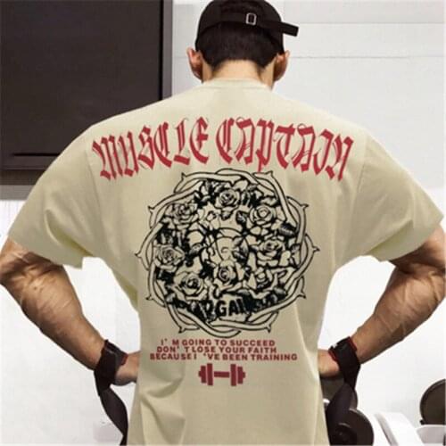 Male Summer Sport Short sleeve Tee Workout shirt Tops Fashion Print Casual Loose t shirt Men Gym Fitness Cotton T-Shirt Clothing