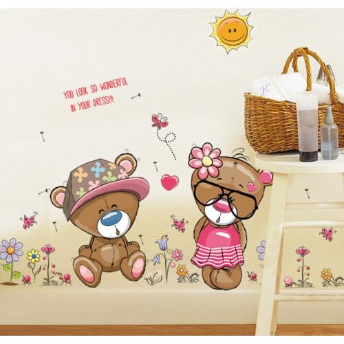 Cute Bear Cartoon Wall Stickers Kids Childrens Bedroom Romantic Self Adhesive Removable PVC Wall Poster Home Decoration