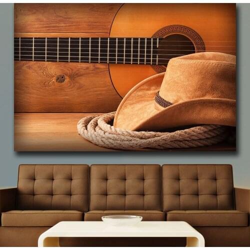 Wxkoil Wall Art Guitar-Hat-Cowboy Wall Picture For Living Room Home Decor Oil Painting On Canvas Wall Painting No Frame