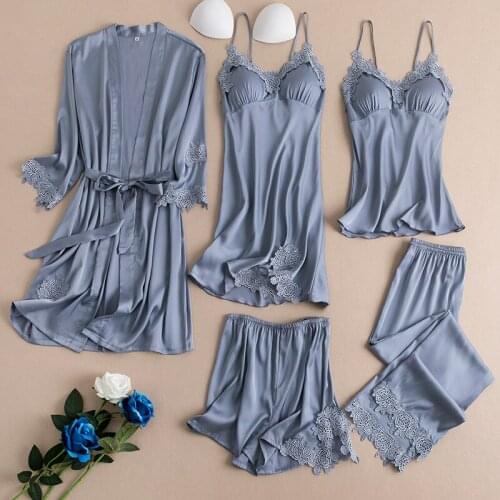 5PCS Nightgown Sleep Set Gray Womens Nightwear V-Neck Lace Pajamas Suit Sleepwear Robe Gown Lounge Kimono Negligee Homewear