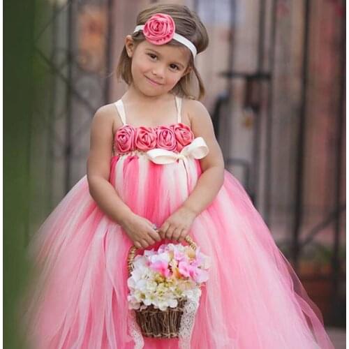 Baby Flower Girl Tutu Dresses with Headband Cute Ball Gown Floor-Length Girls Princess Dress For Wedding/Birthday Party TS076