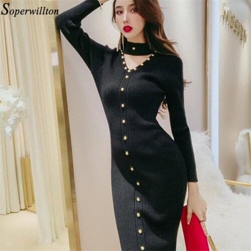 Sexy Sweater Dress Knitted Women 2021 Autumn Winter Bodycon Dresses Female Pencil Sheath Long Sleeve V Neck Vestido Black