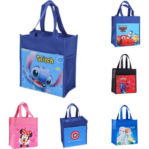 Disney Mickey Cute Thick Canvas Lunch Box Bag Stitch Cartoon Elementary School Lunch Bag Marvel Spiderman Textbook Twist Bag