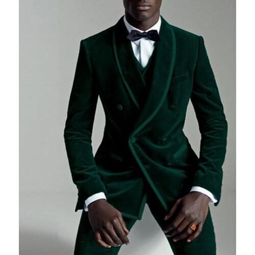 Dark Green Velvet Slim Fit Men Suits with Double Breasted Prom Wedding Tuxedos 2019 Fall 3 Piece Male Set Suit Jacket Vest Pants