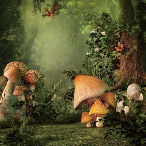 Spring Mushroom Backdrop For Photography Green Forest Fairytale Grass Pathway Party Baby Child Photo Background For Photo Studio