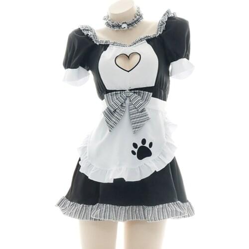 Vintage Plaid Maid Dress Women Sexy Hollow Out Cute Cat Anime Cosplay Exotic Costumes Lolita Girls Halloween Roleplay Clothes