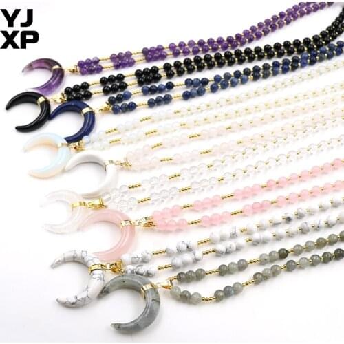 YJXP Beaded Long Chain Necklaces for Women Natural Crystal Amethysts Crescent Moon Pattern Horn Shape Pendants Charms Jewelry