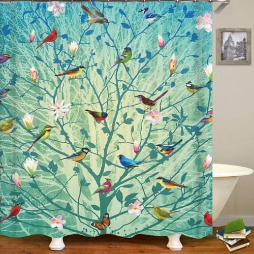 Flowers Birds Bath Curtain Waterproof Fabric Shower Curtains Floral Leaves Printing Bathroom Screen Decoration with Hooks