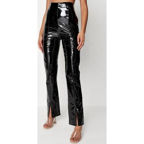 Women Shiny PVC Leather Straight-leg Pants Office Lady High Waist Faux Patent Leather Pants Split Hem Stretch Trousers Custom
