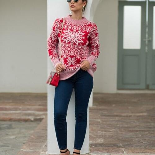 Womens Snowflake Sweater Winter Warm Long Sleeve Round Neck Knit Loose Pullover