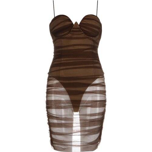 2021 Summer Hollow Out Spaghetti Strap Sleeveless Mini Women Sexy Backless Pleated Club Party Bodycon Bandage Dress