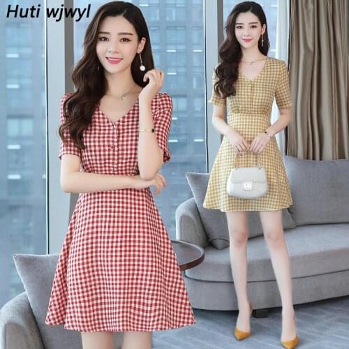 Summer New Plus Size Vintage Mini Beach Dresses 2021 Korean Women Elegant Bodycon Plaid Cotton Dress Party Short Sleeve Vestidos
