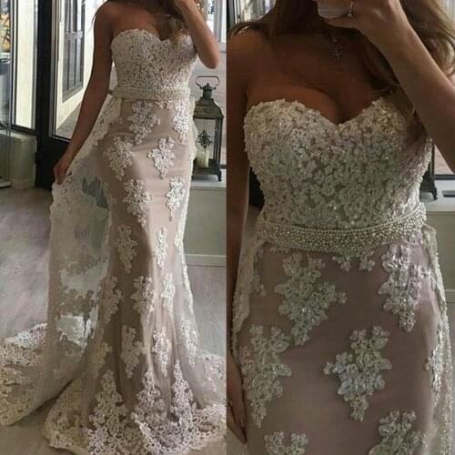 Fashion Mermaid Wedding Dresses Sweetheart Beaded Crystals Lace Applique Court Train Wedding Bridal Gowns With Detachable Train