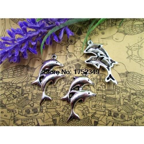 50pcs--Dolphin Charms Antique Tibetan Silver Tone Two Swimming in Tandem 19x36mm