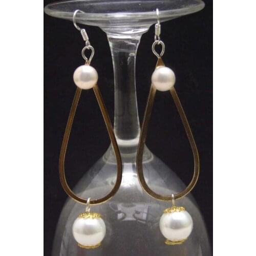 7-8mm White flat Round Pearl and 12mm Shell Pearl & Gold-color 22*50mm metal Drop 3'' Earring-ear627