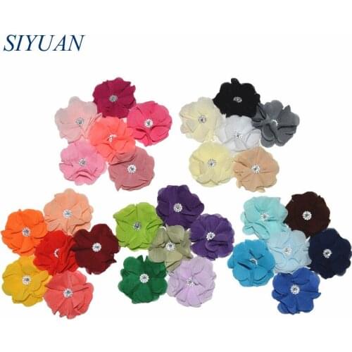 90pcs/lot Artificial Shabby Chiffon Flower with Plastic Rhinestone Button High Quality Headwear Accessories Summer Color TH296