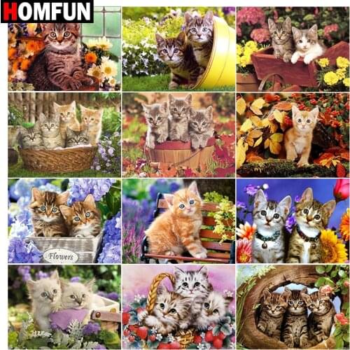 HOMFUN Diy 5d Diamond Painting "Cat basket flower cute" Cross Stitch Square Round Diamond Embroidery Handwork Rhinestone Art