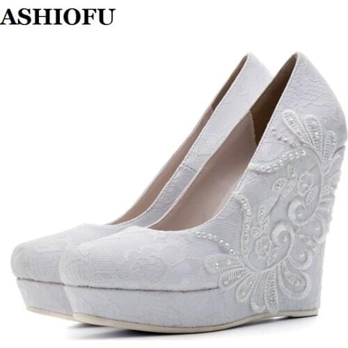 ASHIOFU Handmade Womens Wedge Heels Pumps Lace Patch Diamond Milky-white Wedding Shoes Casual Daily Wear Fashion Pumps Shoes