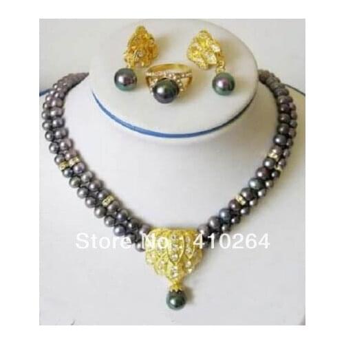 Free shipping $wholesale_jewelry_wig$ Beautiful Set Jewelry 7-8mm Black Pearl Necklace Earring Ring jewelry set