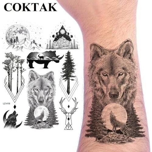 Large Black Wolf Mountain Moon Tree Custom Temporary Tattoos For Men Foream Tattoo Water Transfer Tatoos Body Art Painting Tree