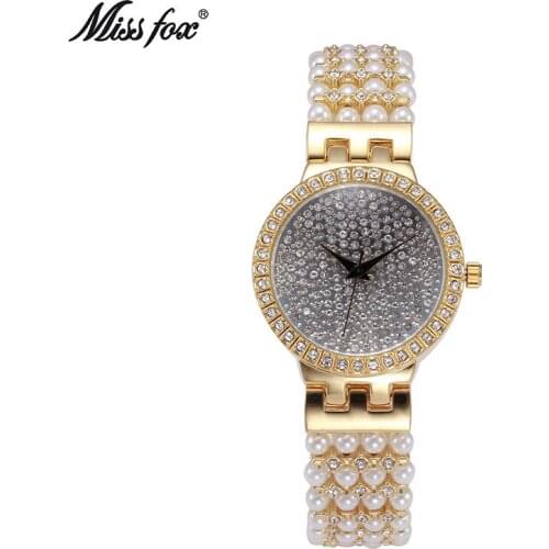 Miss Fox Brand Watches Women Luxury Gold Pearl Rhinestone Wristwatch All Metal Diamond Lady Quartz Clock Women Bracelet Reloj