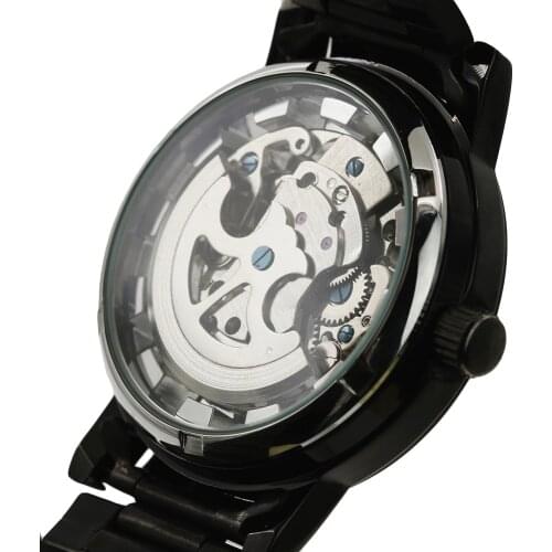Mens Watch Mechanical Watch Black Steel Brand Hollow Skeleton Dial Wristwatches reloj hombre zegarek damski часы мужские