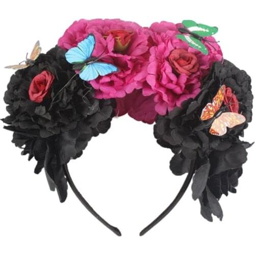 Halloween Simulation Colorful Peony Flower Headband Fairy Butterfly Mexican Wreath Crown Cosplay Party Costume Day of The Dead
