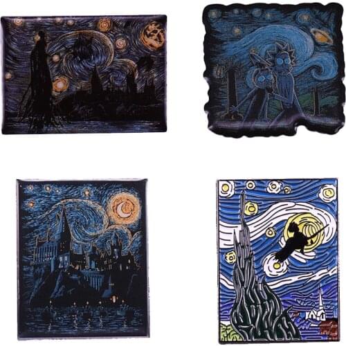 Van Gogh Starry Night Inspired Enamel Pin Kikis Delivery Service Hgwts Castle RickMorty Mash-up Brooch Artist Cartoon Fans Gift