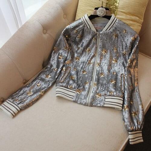 European Spring New Heavy Industry Sequins Back Beaded Long-sleeved Short Baseball Uniform Coats Women Fashion Streetwear 2021