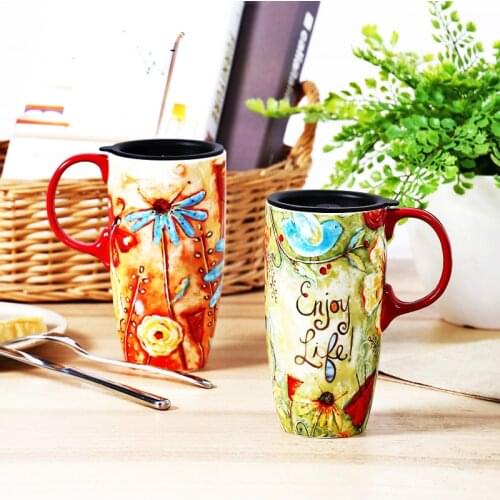 European Style Couples Coffee Mugs Ceramic Water Drinking Cups with Spoons Cover 500ml Simple Coffee Milk Water Cups Gift Box