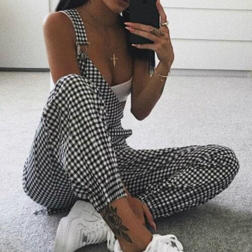 Casual Fashion Women Bib Pants Ladies Summer Fall Overall Clothes Plaids Pattern Straps Jumpsuits Backless Outfits White&Black