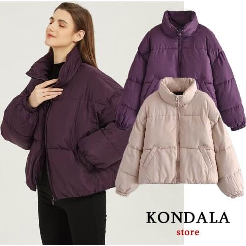 KONDALA Za 2021 Casual Solid Purple Thicken Women Winter Coats Fashion Oversized Pockets Long Sleeve Jackets Female Outwears