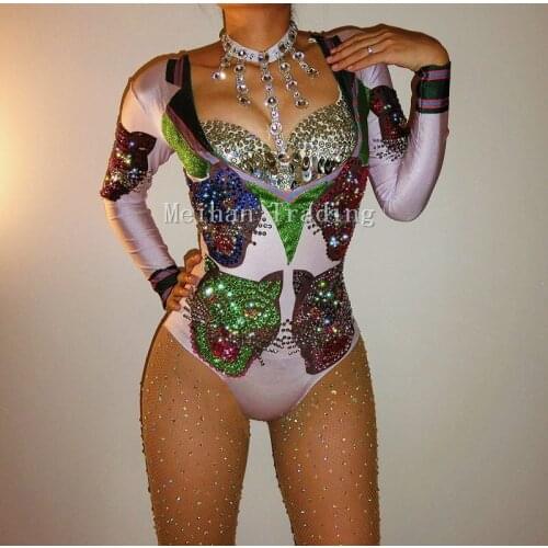 Colorful Glisten Rhinestones Tiger Head Pattern Sexy Women Bodysuit Bar Prom Party Costume Nightclub Female Singer Show Leotard