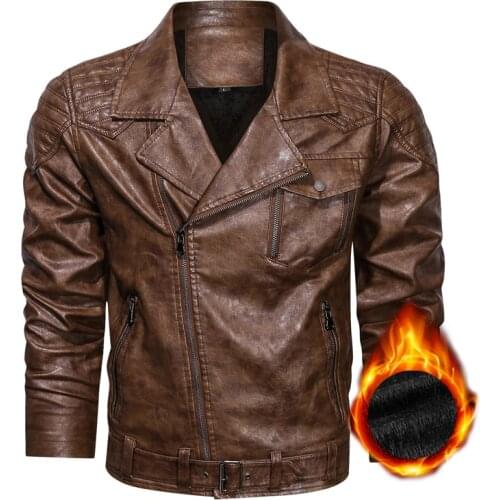 Vintage Motorcycle Leather Jacket Fall/Winter Fleece Bomber Jacket Men Faux Leather Biker Black Jacket Inclined Zipper Jaqueta