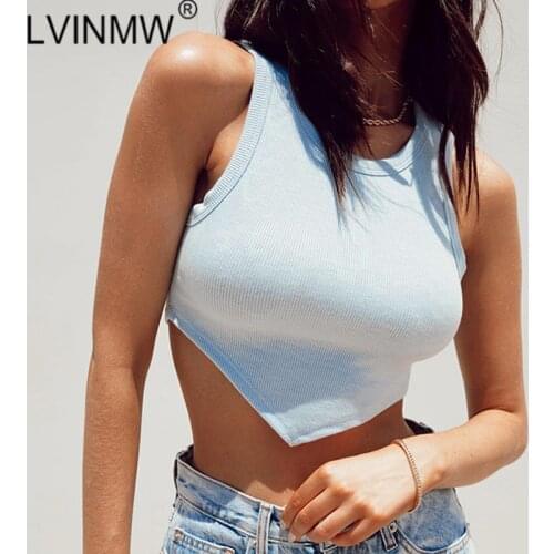LVINMW O Neck Sleeveless Slim Solid Knitting Tank Tops Women Irregular Ribbed Casual Stretchy Fashion Crop Top Streetwear