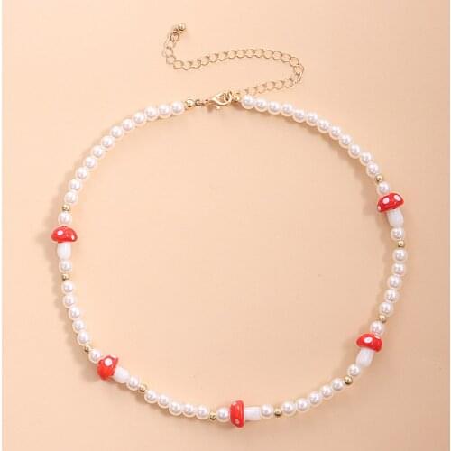 Trendy Simple Red Mushroom Pearl Necklace Women Fashion Personality Short Clavicle Chain Choker Necklaces Collares Jewelry