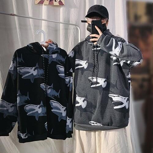 Men Autumn Sharks Print Long Sleeve Drawstring Hoodie Plush Thick Sweatshirt
