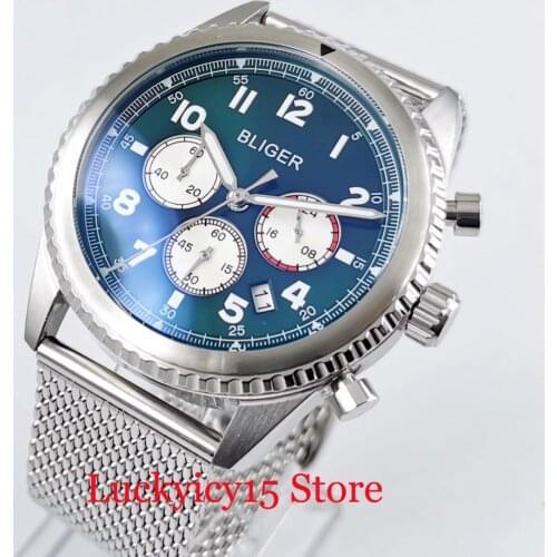 BLIGER Quartz Men Watch 24 Hours Chronograph Function Mental Strap Rotating Bezel