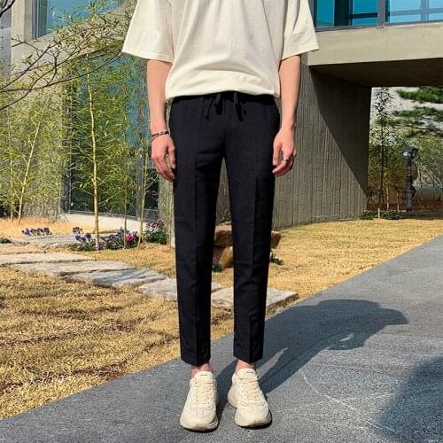 Solid Casual Trousers for Men Black Straight-Leg Cropped Trousers with Straps Men Wide Leg Plus Size Pants Man 2021